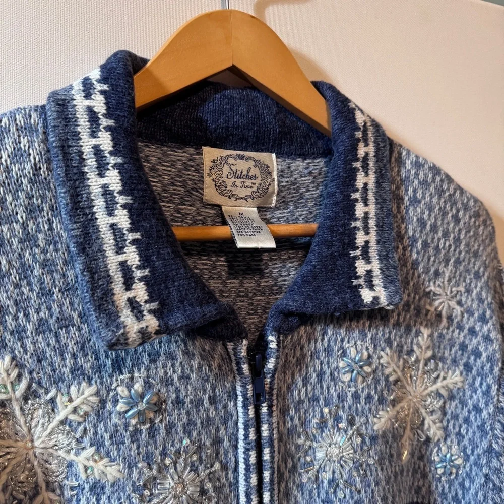 Vintage Fair Isle Full Zip Cardigan Sweater Snowflake Beaded Blue Ramie Medium